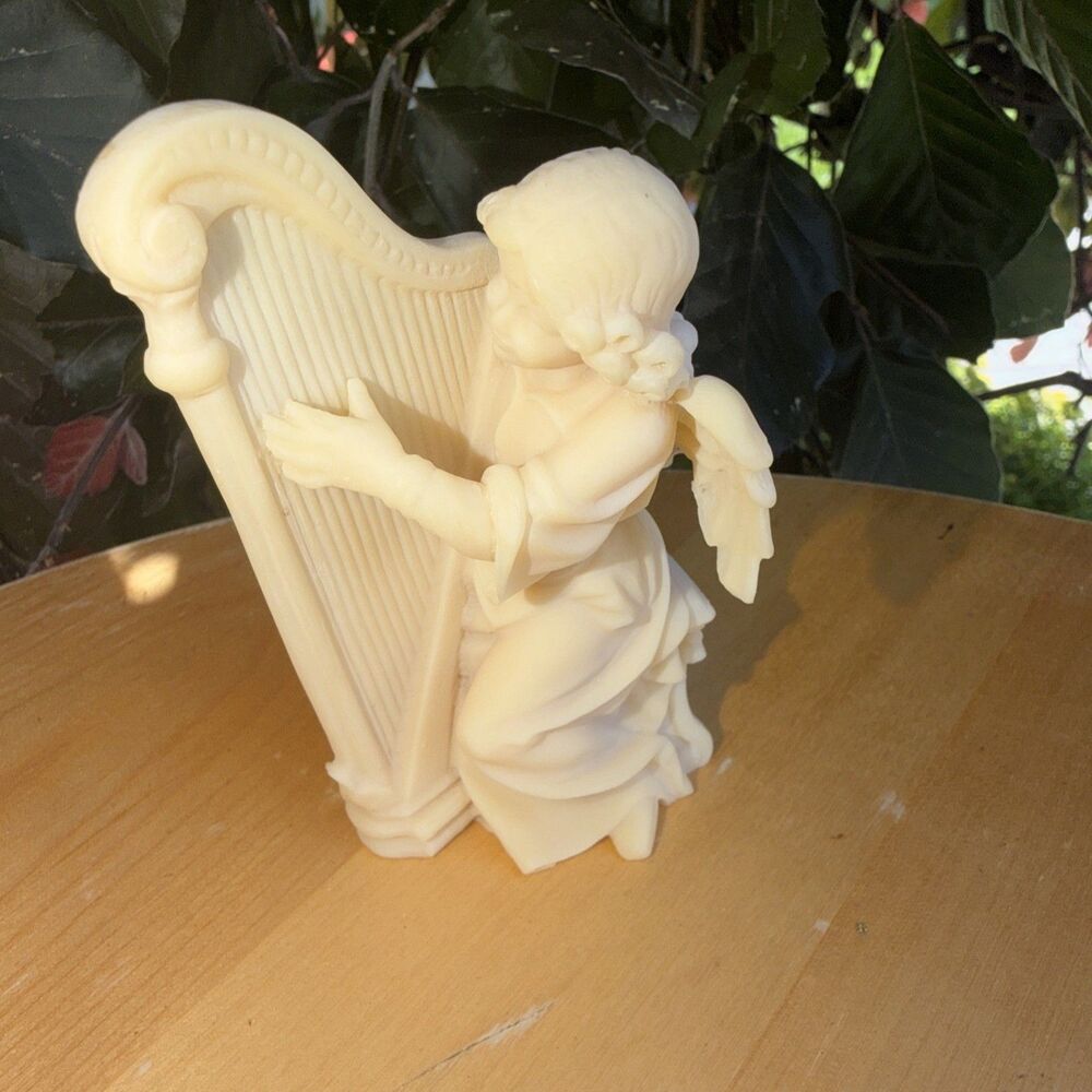 Vintage Seated Angel Figurine Playing Harp, Matte Bisque Finish, 3.5"